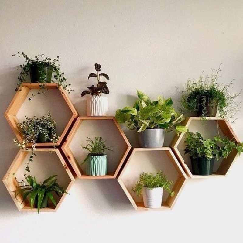 Rak Dinding Kayu Hexagonal