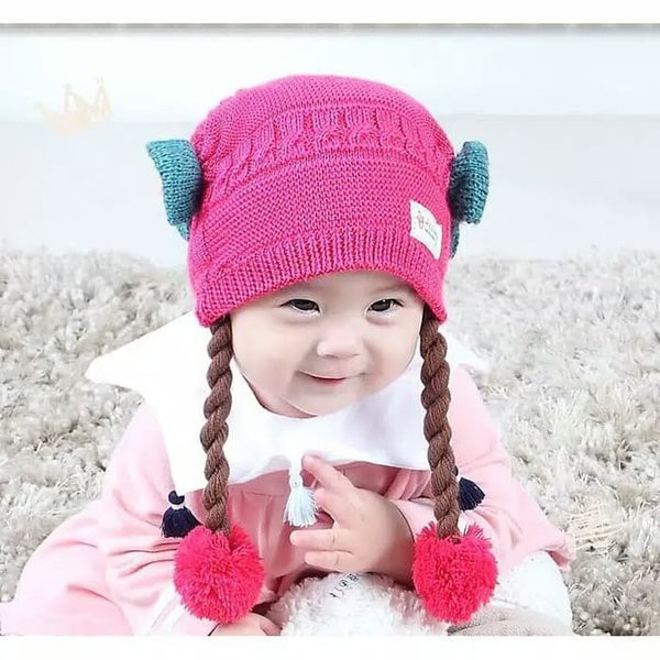 Topi kupluk bayi perempuan rajut model rambut palsu wig kepang