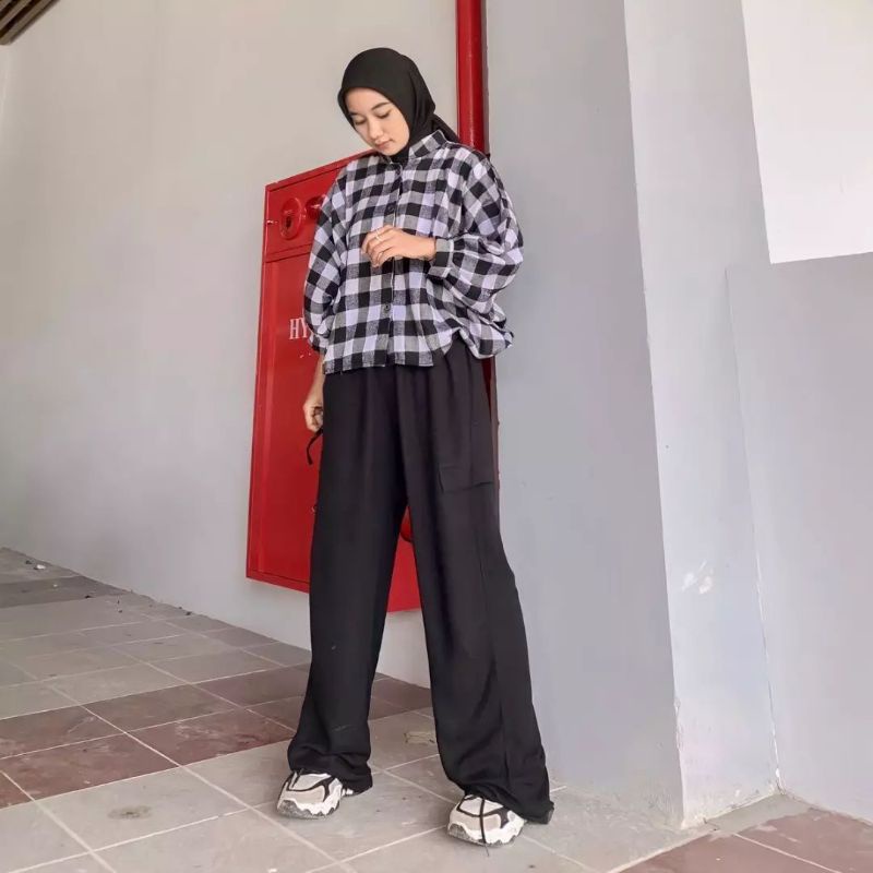 Jennie Batwing Tartan Oversize Crop Gridy Flanel / Kemeja Outer / Batwing Flanel Oversize