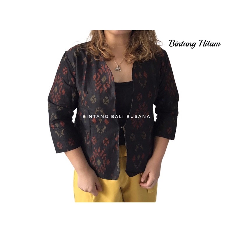 Blazer Wanita Bolero Cewek Endek Bintang Bali Busana motif Endek Bintang Biru Merah Maroon Hitam Ora
