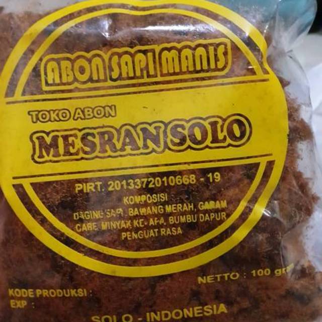 

OLEH-OLEH KHAS SOLO ABON SAPI MESRAN - MANIS- 100gram