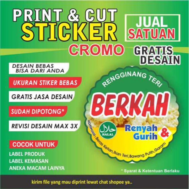 

Stiker Makanan, Cetak Sticker Label, Stiker Produk (Cromo) Harga Per Pcs