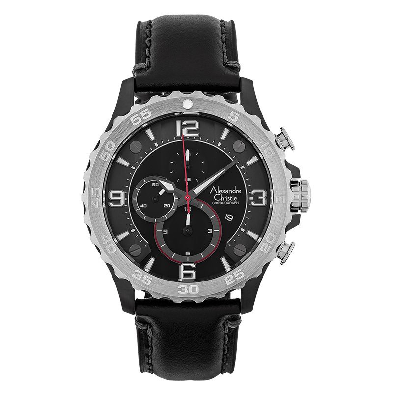 JAM TANGAN PRIA ALEXANDRE CHRISTIE AC6505 AC 6505 MCLTBBA SPORT ANALOG BLACK GREY LEATHER STRAP