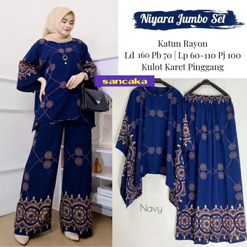 Setelan Jumbo | One Set Waka Motif Asiya Big Set / Niyara Set By Batik AW Size Jumbo LD 130 Busui | Set Wanita-Niyara Navy