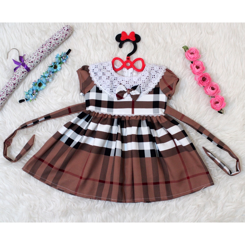 Dress Kids Berri/Gaun Bayi Motif Kotak Impor / Dress Baby Renda Berri Kids 9-12 Bulan/ Baju Jalan