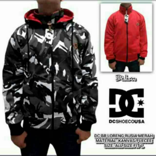 Jaket dc bolak balik loreng (dalaman merah,hitam,abu)