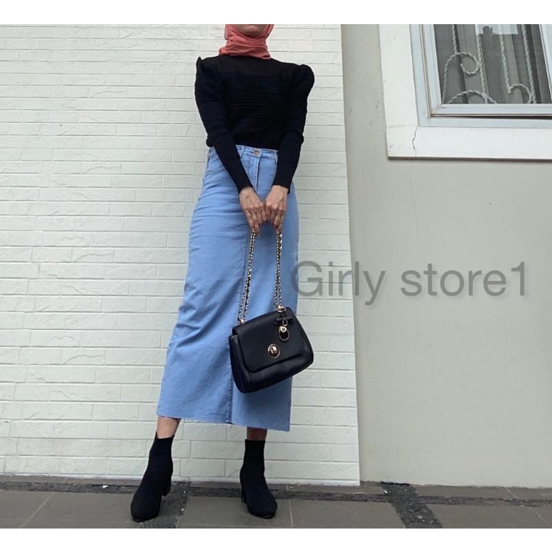 Rok jeans span midi unfinished | Midi skirt jeans unfinished 7/9 | YUKI SKIRT-Soft blue 802