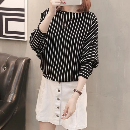 Atasan Rajut Jumbo Wanita Outerwear Blouse Batwing Salur Oversize Lasperal Knit Batwing Kalong