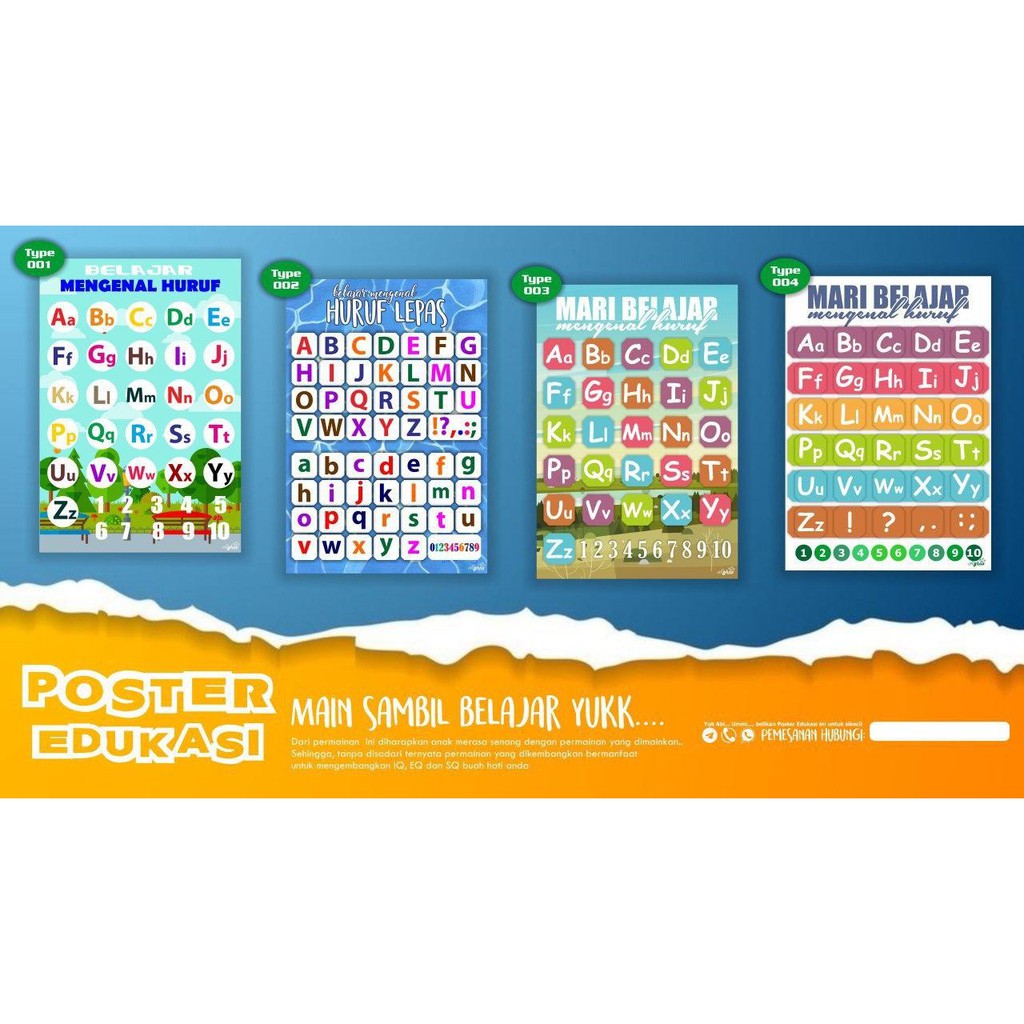 Poster Pendidikan terlaris Belajar Mengenalkan Huruf ALFABET Besar dan Kecil berdesign menarik