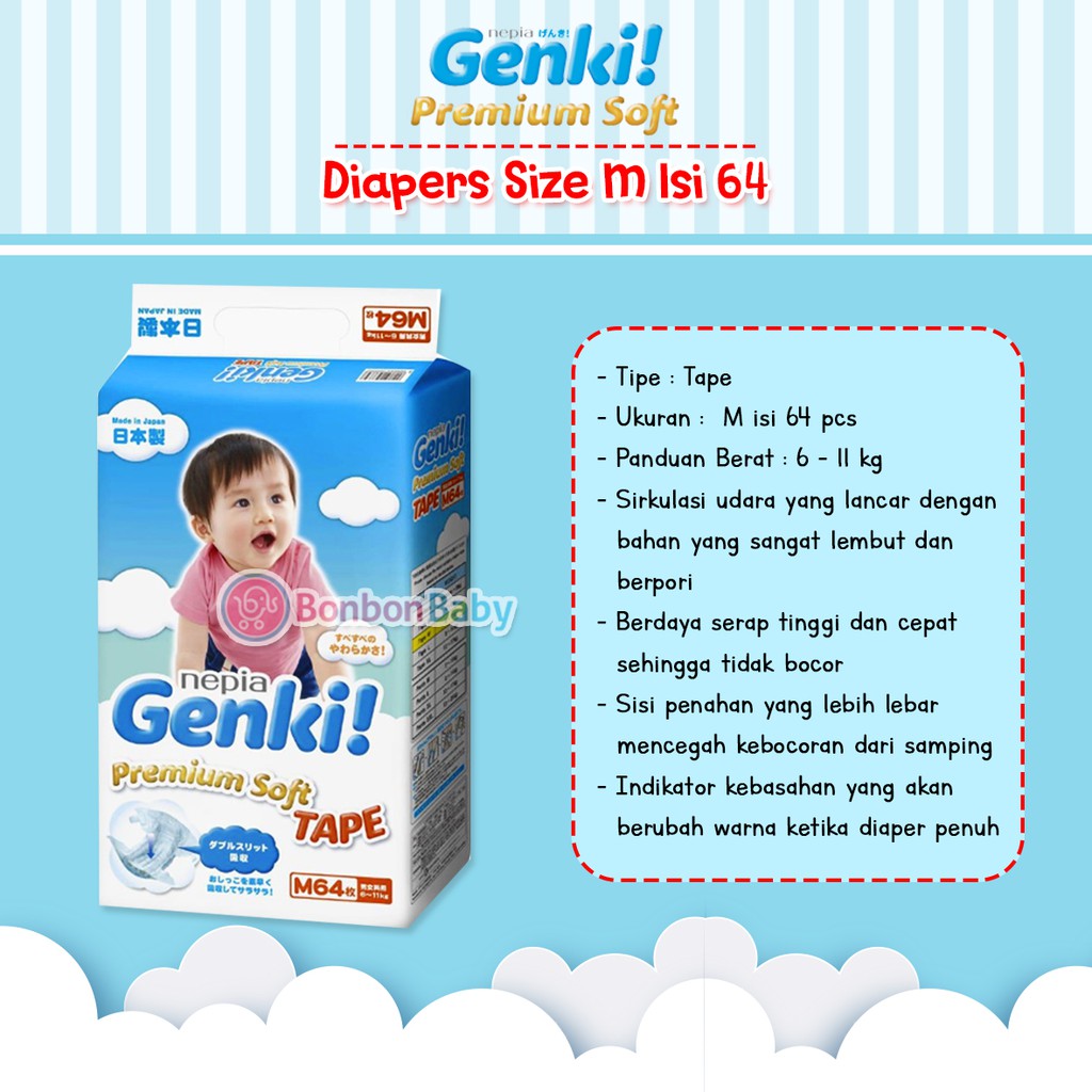 Diapers Tape Nepia Genki M64 Popok Perekat