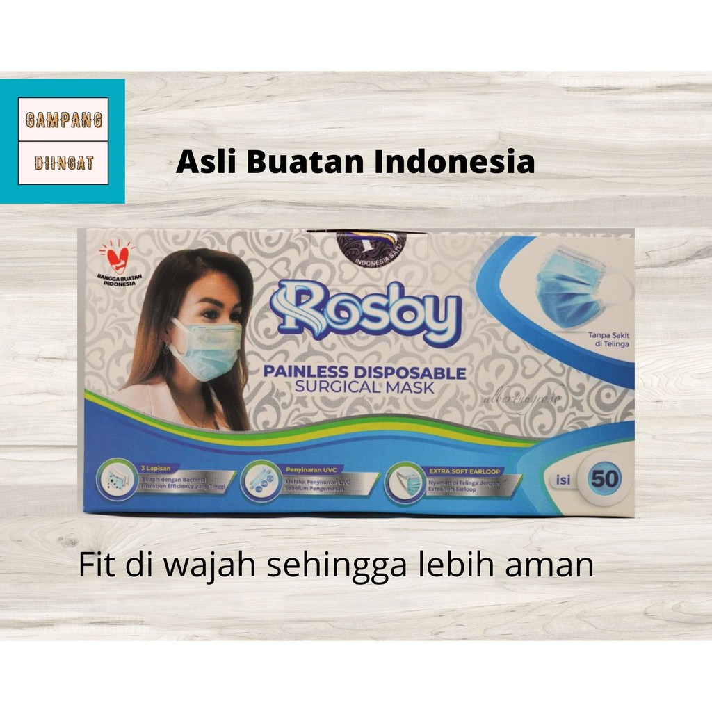 Masker medis Rosby 3 ply tali lebar painless tidak sakit di telinga