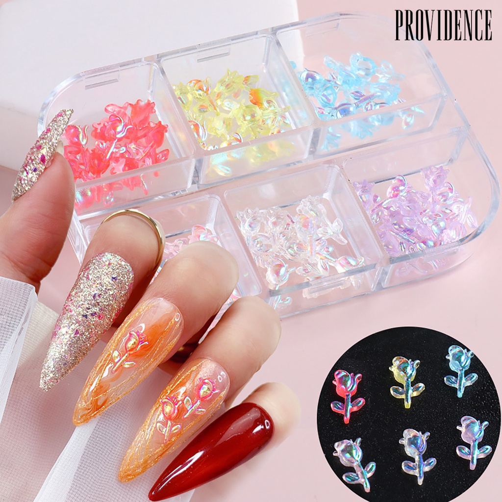 60pcs / Kotak Ornamen Bunga Mawar Aurora Berlian Imitasi Efek Tembus Cahaya Untuk Dekorasi Nail Art Wanita