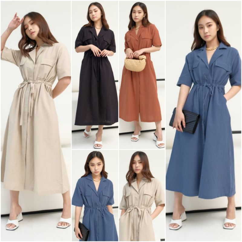 ❣️ SPECIAL PRICE ♡ PREMIUM ♡ ORIGINAL ! JEANNE LINEN VINTAGE COLLAR BUTTON POCKET TIED MIDI DRESS LONG OUTER ( BUSUI FRIENDLY )