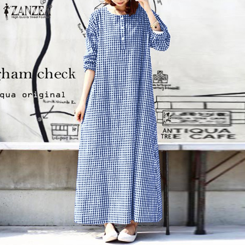 ZANZEA Women Grid Printed Button Down Front Long Sleeve Maxi Dress