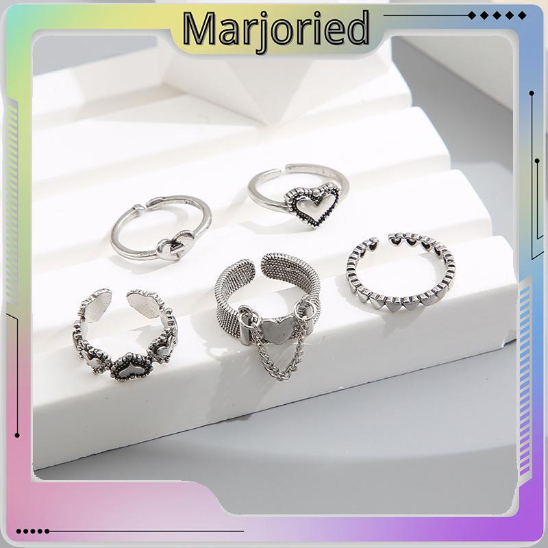 5pcs / Set Cincin Jari Telunjuk Model Terbuka Desain Hati Hollow Gaya Retro-MJD