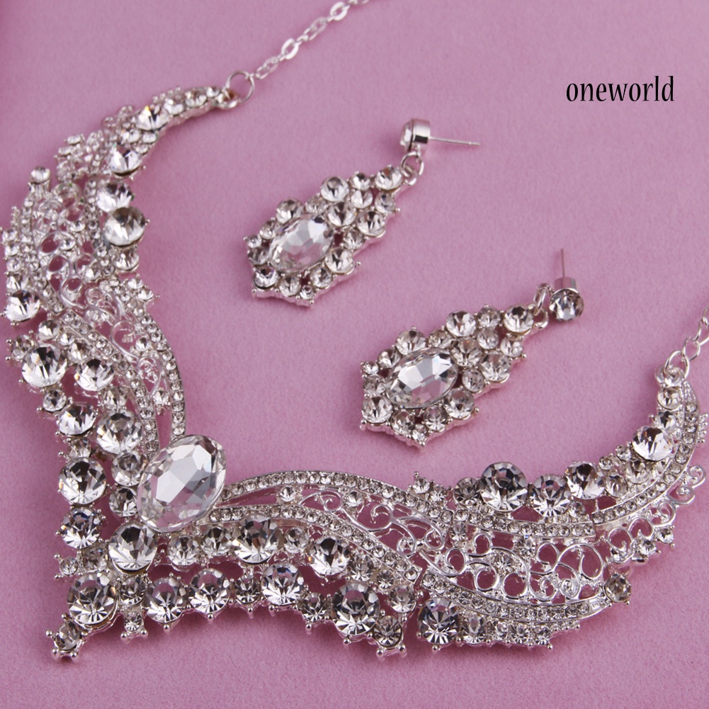 OW@ Wedding Bridal Queen Style Fully Shiny Rhinestone Necklace Earrings Jewelry Set