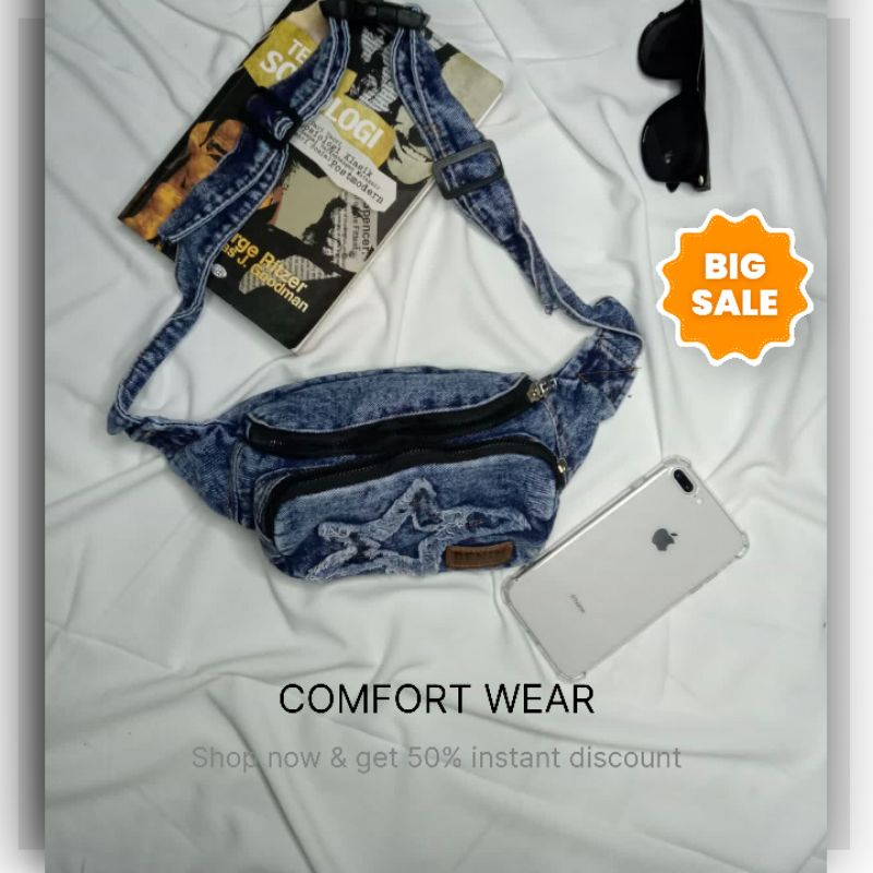 Tas Slempang Pria Original Distro denim wash Bahan Jeans Waistbag Premium