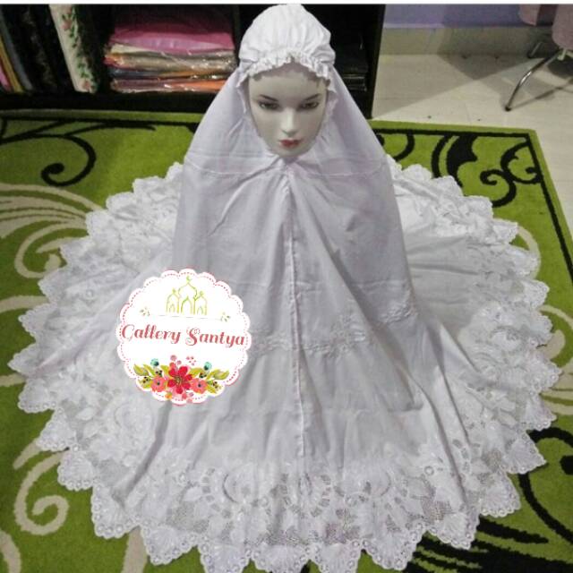 Mukena bordir bukittinggi - padang putih polos bunga keliling lebar GS