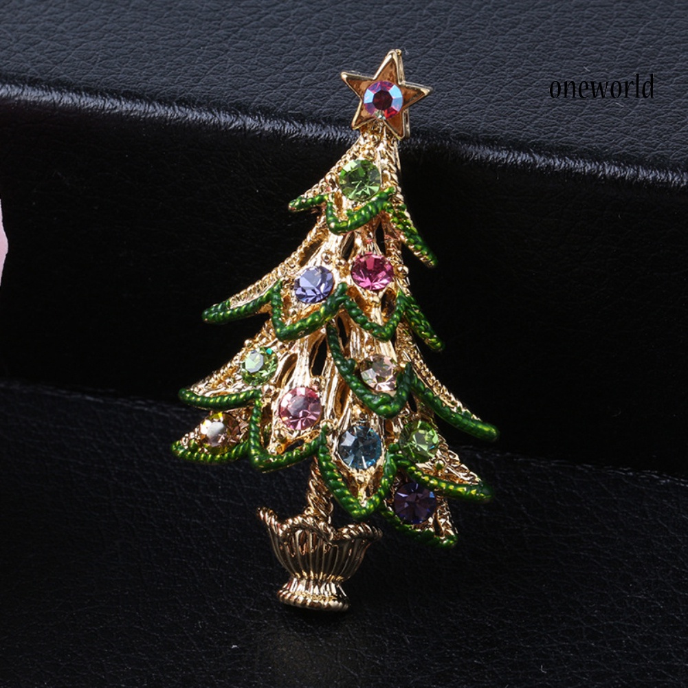 OW@ Vintage Women Rhinestone Inlaid Christmas Tree Brooch Pin Lapel Clip Xmas Gift