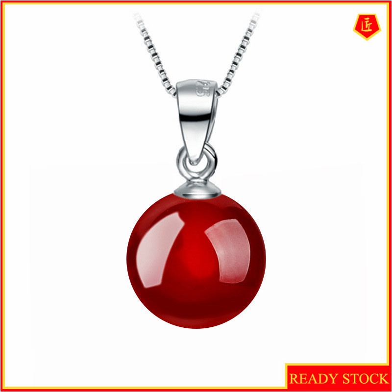 [Ready Stock]Fashion Silver Inlaid Red Agate Pendant Simple Necklace