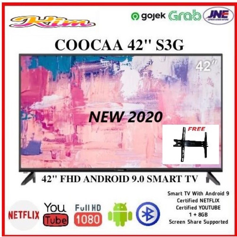 COOCAA LED TV 42 inch 42S3G SMART ANDROID 9 FHD WIFI NETFLIX New 2020 plus Breket