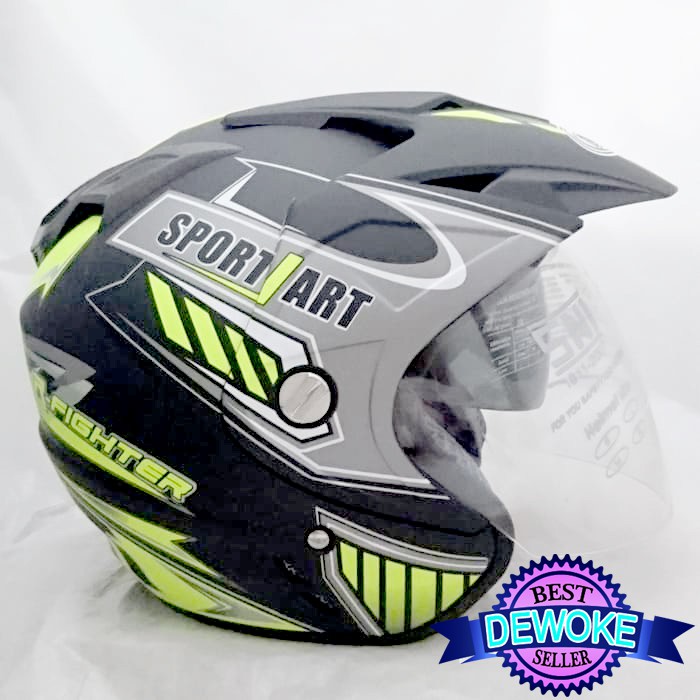 ORIGINAL DMN HELM HALF FACE BLACK DOFF GREEN YELLOW SPORT MOTOR DOUBLE VISOR