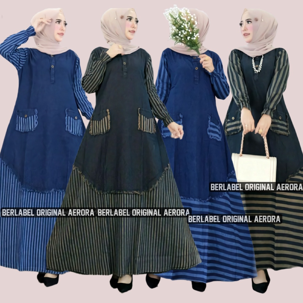 Baju Gamis Dress Jeans Jins Denim Wanita Terbaru 2023 Muslim Kondangan Busui Motif Salur Unik Premium Kekinian Ld 110 P 137 New Gania Maxy Allsize