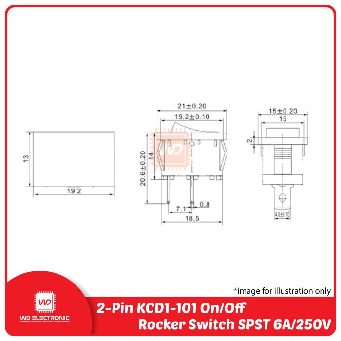 Rocker Switch SPST KCD1-101 6A 250V 2 pin 15x21mm Saklar on off 2 pin