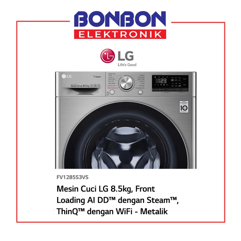 LG Mesin Cuci Front Loading 8.5KG FV1285S3VS Inverter Smart ThinQ Wifi