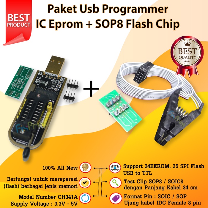 Paket USB Programmer IC Eprom Modul Flash + SOP8 Flash Chip