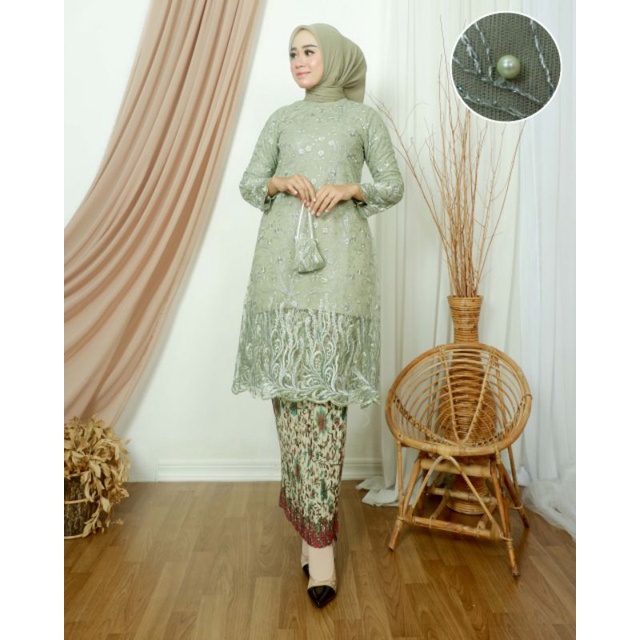 Realpict Tunik Padang bahan Tulle aplikasi bordir rok plisket katun batik silk