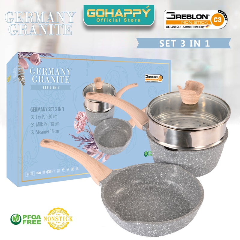 PANCI GREBLON Set 3 IN 1 milk fry pan steamer Gohappy GERMANY GRANITE AMAN bayi anak WOK CASSEROLE