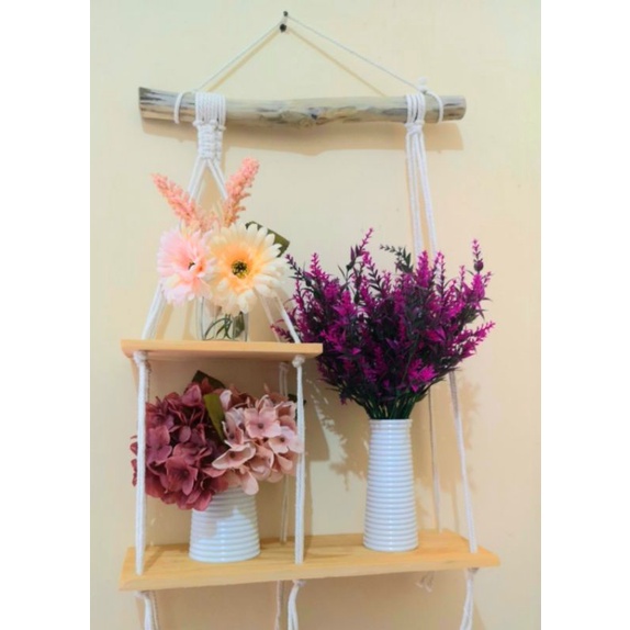 MACRAME HANGING SHELF RAK GANTUNG 2 TINGKAT RAK DINDING AMBALAN TALI AMTALI