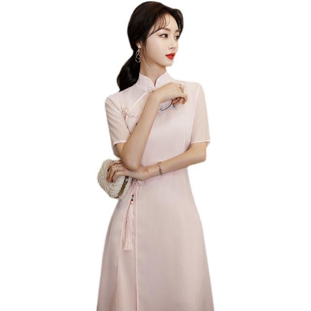 Chiffon cheongsam modified dress women's 2021 new summer fat mm medium length belly covering age red
