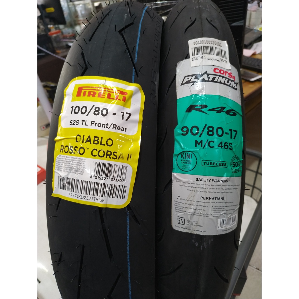 Paket Ban Pirelli Tubeless Diablo RS Corsa II 100/80 Ring 17 & Ban Corsa Tubeless R46 90/80 Ring 17