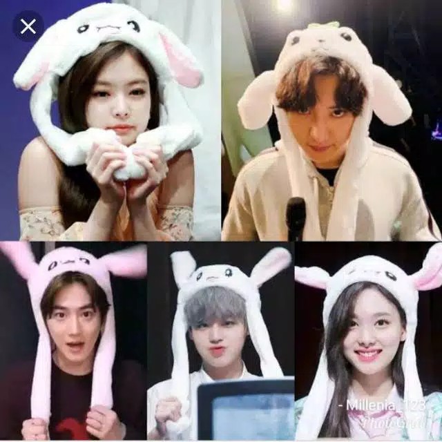 TOPI BONEKA KELINCI PUTIH PINK GERAK KPOP KOREA BTS EXO GOT7 TXT NCT STRAYKIDS