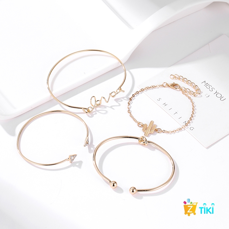 COD（TiKi）4Pcs/Set Gelang Women Gilr Gold Triangle Knot Love Cactus Opening Bangle Chain Bracelet-4
