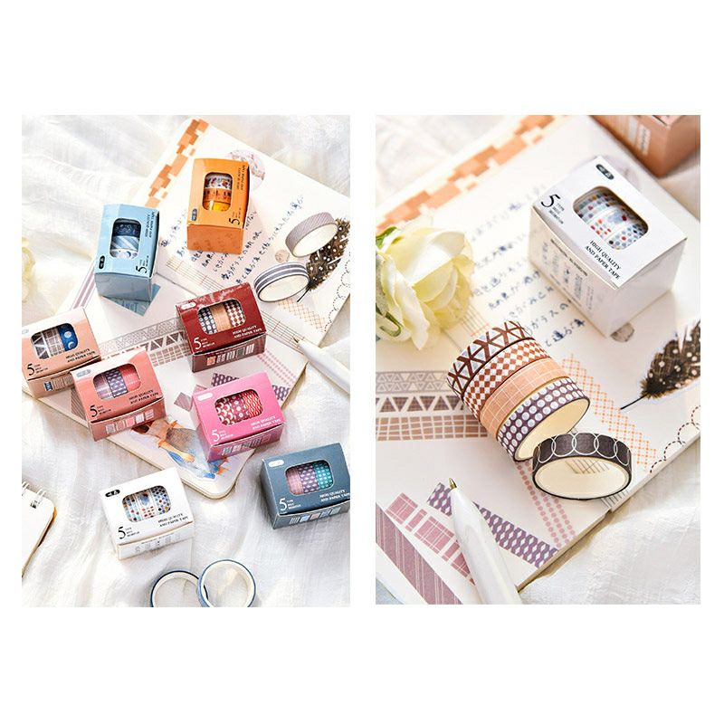 [AISYSTUFF] masking tape 1 set 5pc fresh pattern, washitape aesthetic vintage retro rainbow pastel, isolasi motif warna untuk journaling dekorasi scrapbook-1