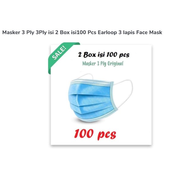 Masker 3 Ply 3Ply isi 2 Box isi100 Pcs Earloop 3 lapis Face Mask