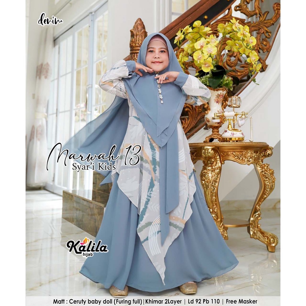 MARWAH 13 SYARI KIDS DRESS SET KHIMAR FREE MASKER