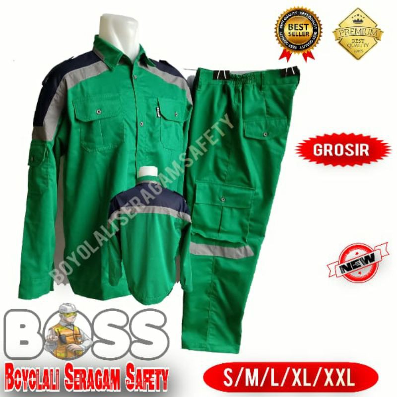 BAJU CELANA SAFETY KOMBINASI HIJAU NAVY FREE LOGO K3 BENDERA