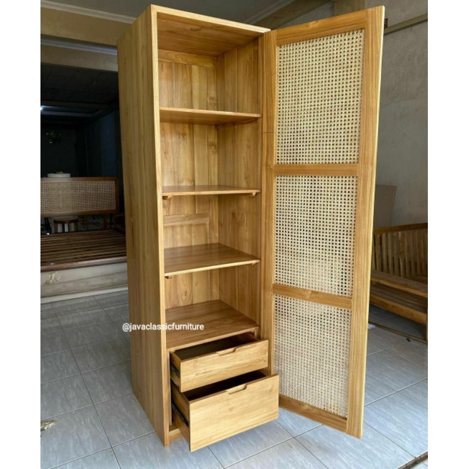 LEMARI ALMARI PAKAIAN ROTAN PINTU 1 RETRO MINIMALIS VINTAGE KABINET BAHAN KAYU JATI GRADE A FINISHING NATURAL BLEACHING BERKUALITAS EXPORT FURNITURE MEBEL JEPARA-3