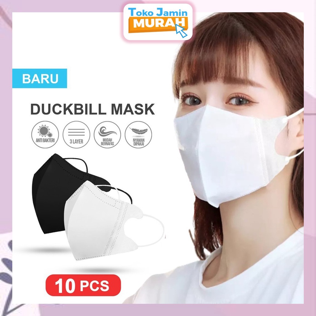 TJM VZ039 Masker Duckbill Hitam 3Ply 10Pcs Mask Earloop 3D Putih Protective Mask Duckbill Kemasan Ziplock