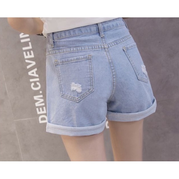 Celana pendek denim robek berpinggang tinggi versi Korea pakaian wanita hot pants kaki lebar longgar Cocok untuk semua usia