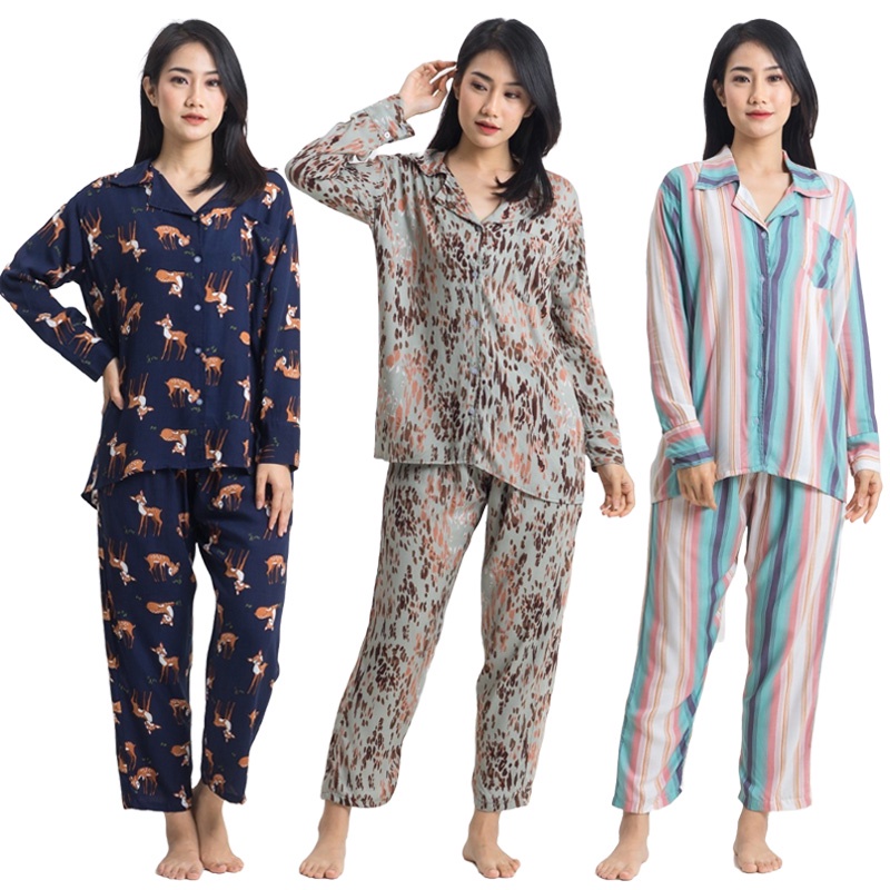 TPJ R BAJU TIDUR WANITA PIYAMA DEWASA SETELAN LENGAN PANJANG BAHAN KATUN RAYON ONE SET