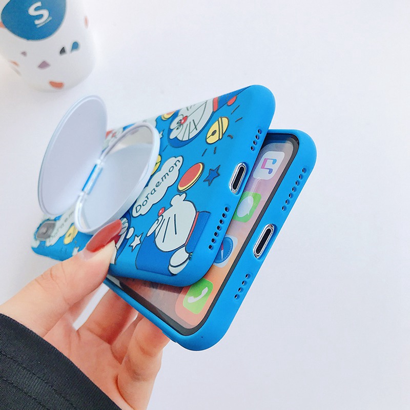 Doraemon Mirror Case OPPO A91 F15 A31 A5 A9 A53 A33 2020 A3S Realme C1 A7 A5S A12 A1K A37 A57 A39 F5 Youth F1S A71 F11 F9 Pro Reno 3 Realme 5 5S 5i C3 7 Narzo 20 Pro C17 7i C11 Casing Mirror Holder iPhone X XS XR XS Max 12 Pro