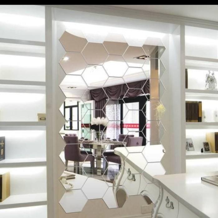Mirror Full Cermin Kaca Hexagonal Besar 12Pcs Wall Mirror Sticker Cermin Dinding