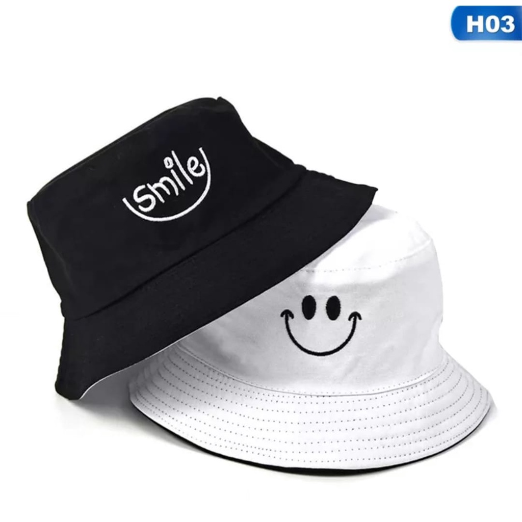 TOPI BUCKET BORDIR SMILE SMILE BOLAK BALIK  TOPI BUCKET KOREA COD