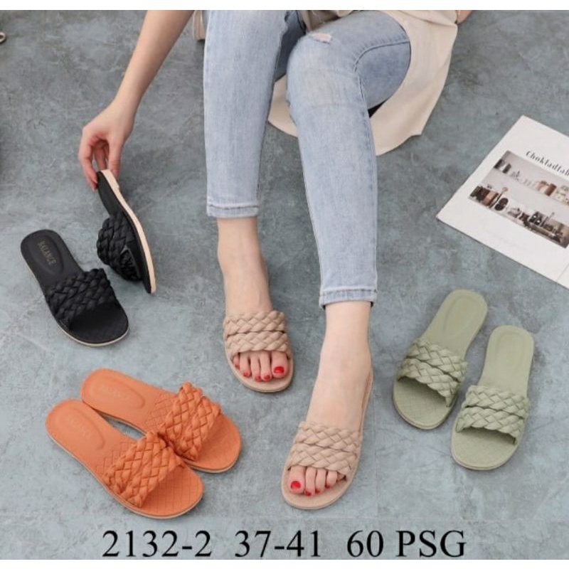 Sendal Flat Jelly Wanita Import Slide 2 Ban Tali Kepang 2132