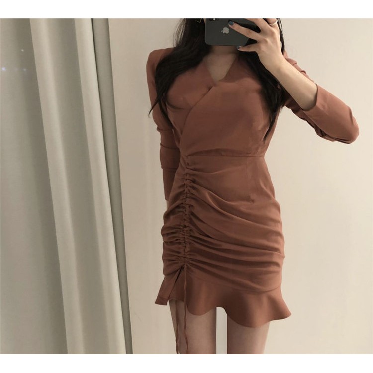 KDR-43 elegant dress v-neck kerut fashion wanita import korea